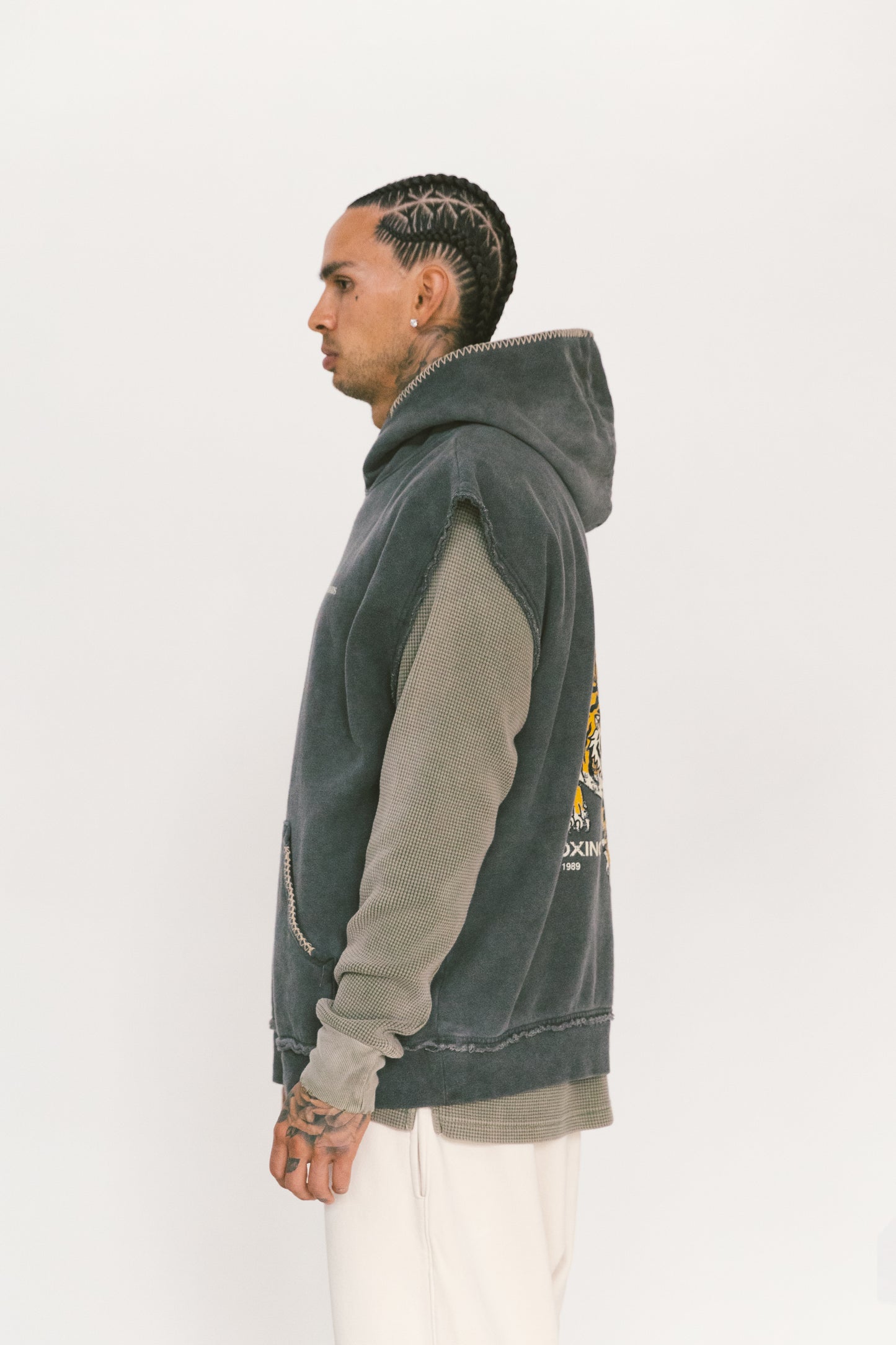 Hand Stitched Sleeveless Off-Black Hoodie