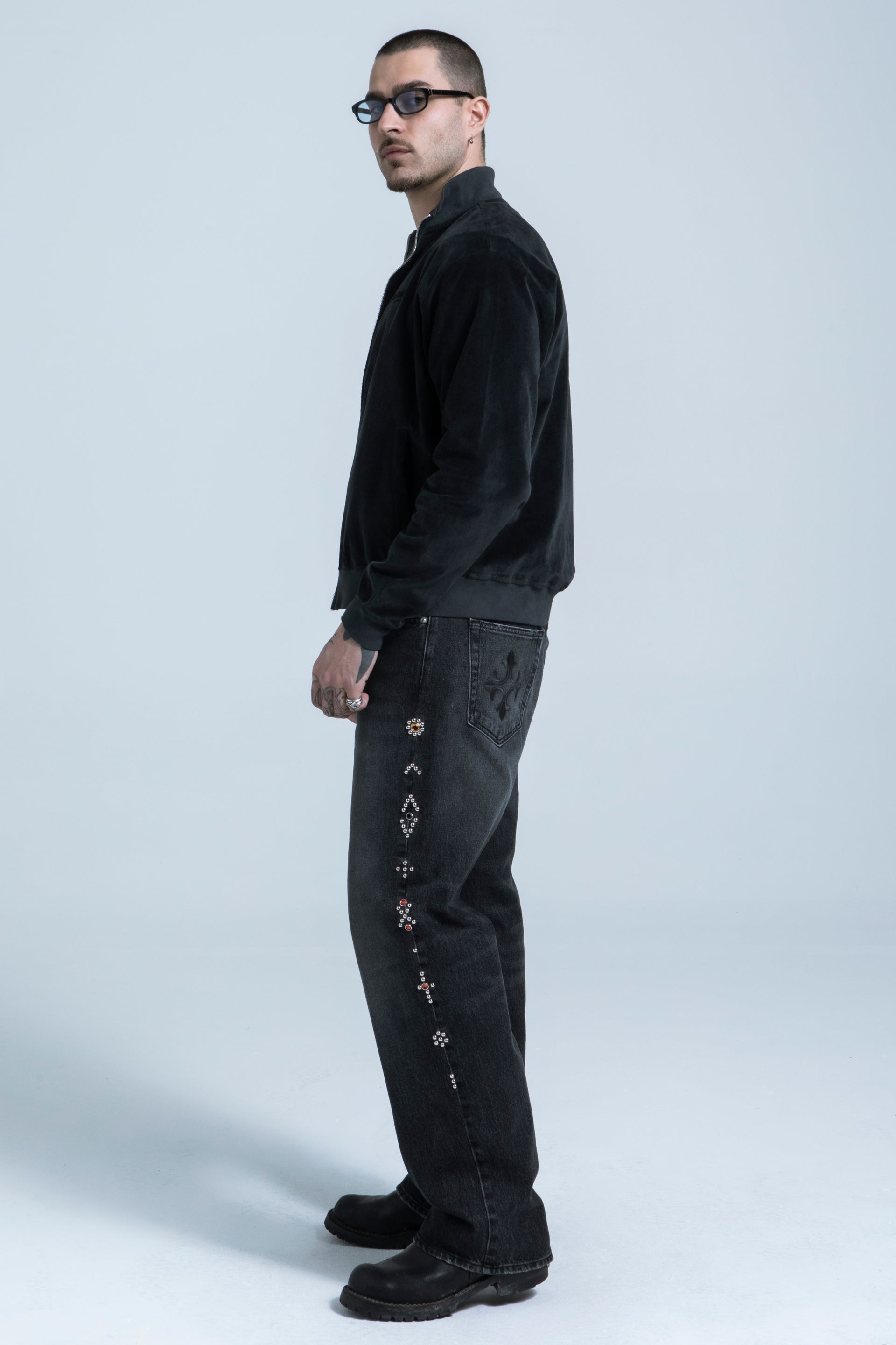Trinity Prayer Studded Denim - Off Black