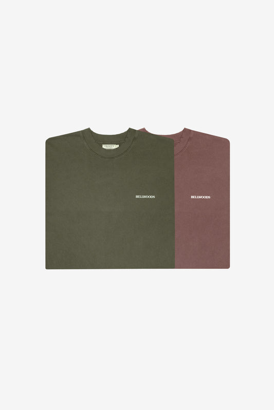 2 Pack Distressed Basic Tees - Olive & Chestnut