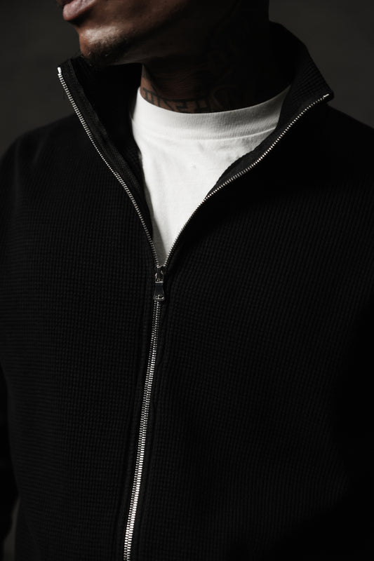 Waffle Zip Up Track Jacket - Black