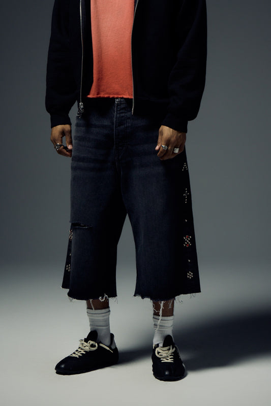 Prayer Studded Baggy Denim Short - Black