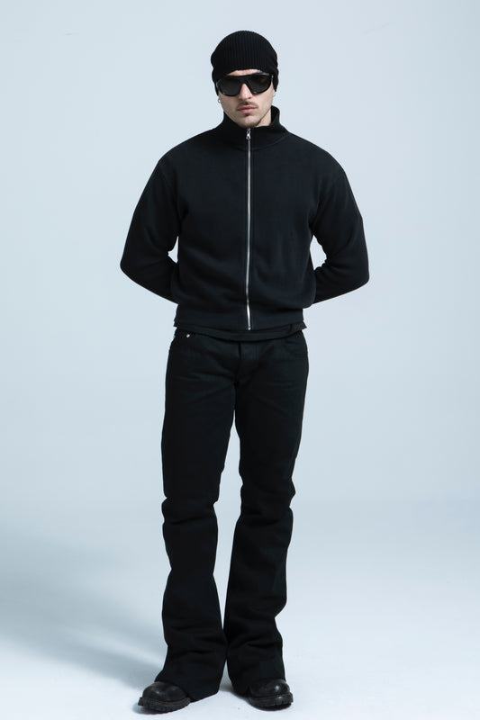 Waffle Zip Up Track Jacket - Black