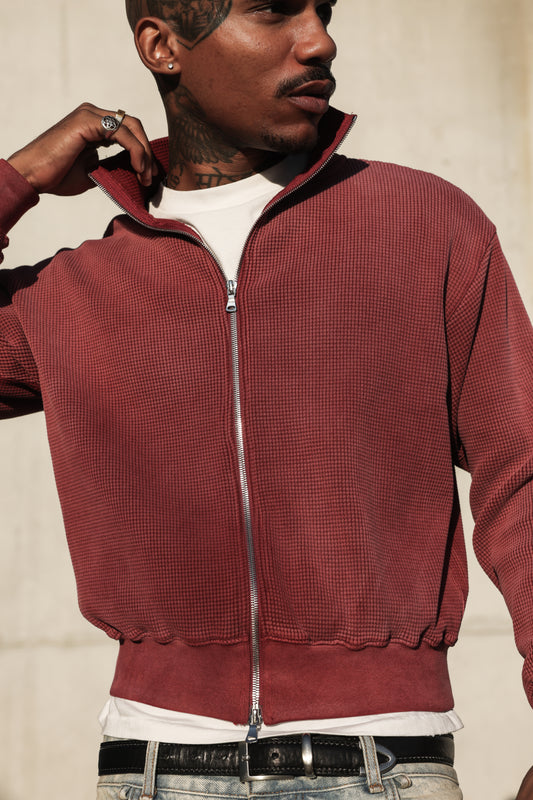 Waffle Zip Up Track Jacket -  Burgundy