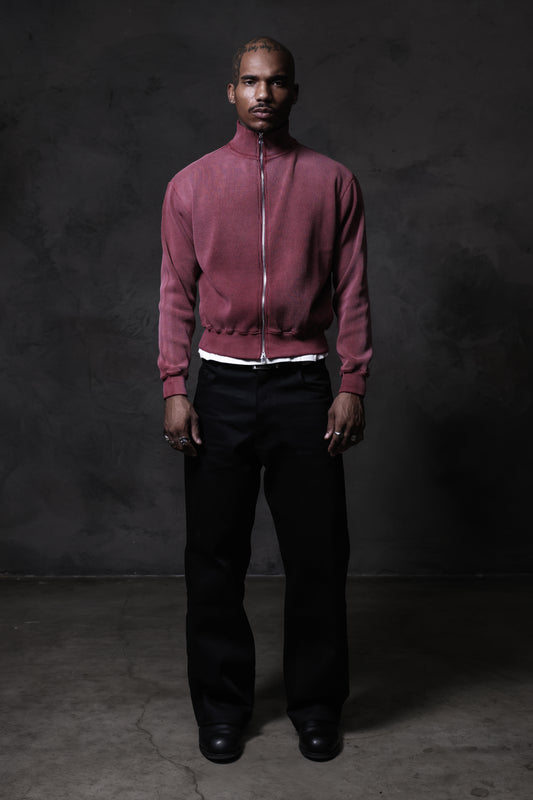 Waffle Zip Up Track Jacket -  Burgundy