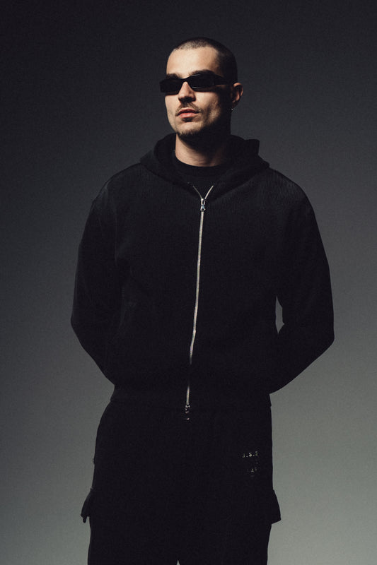 Waffle Zip Hoodie - Washed Black