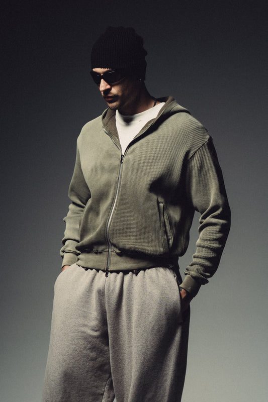 Waffle Zip Hoodie - Army Green