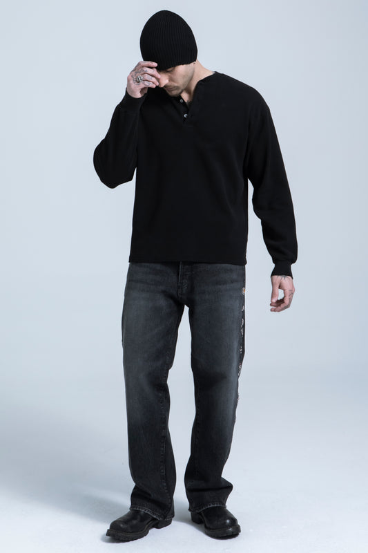 Waffle Henley Long Sleeve - Black
