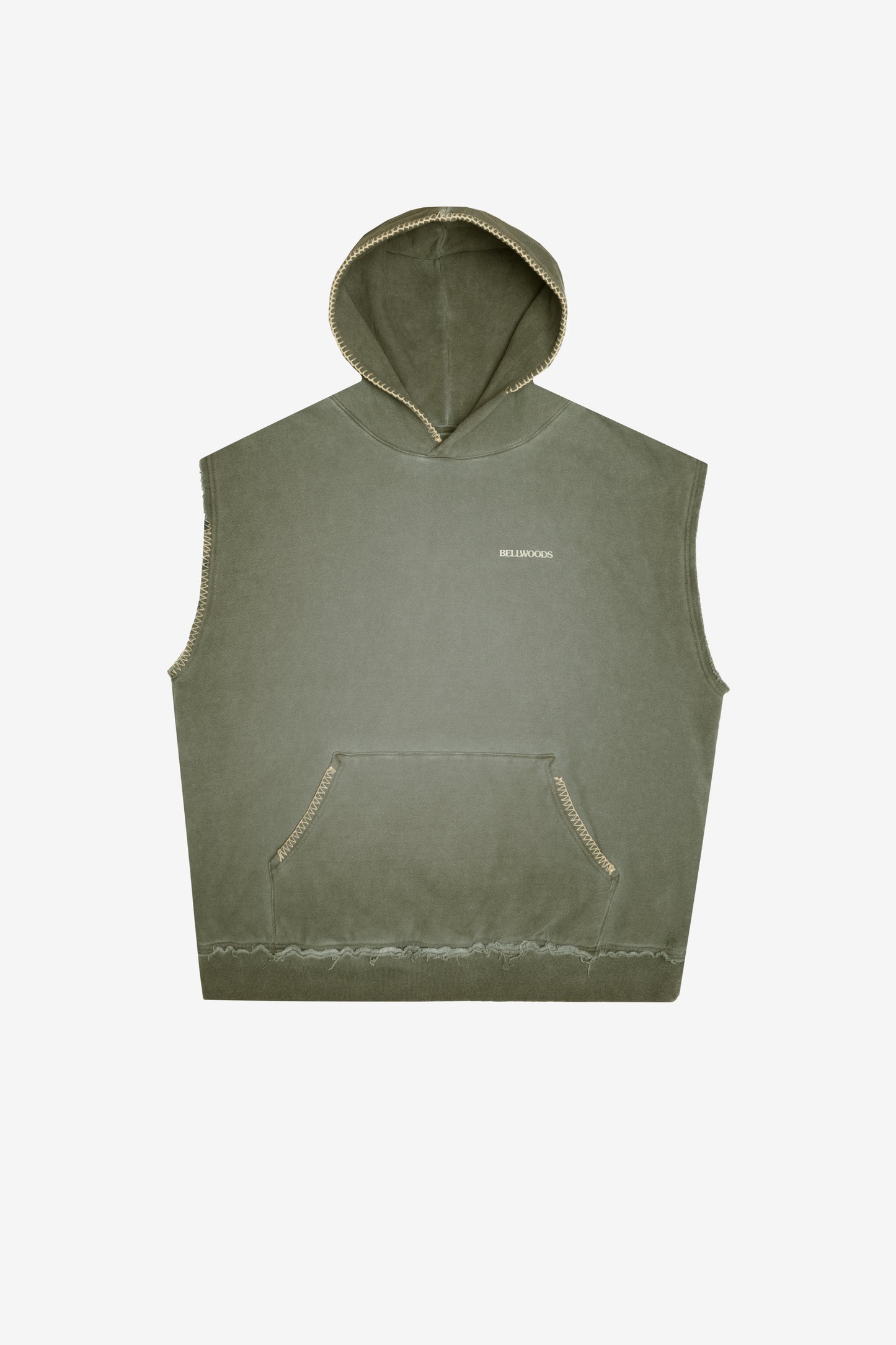 Hand Stitched Sleeveless Military Green Hoodie