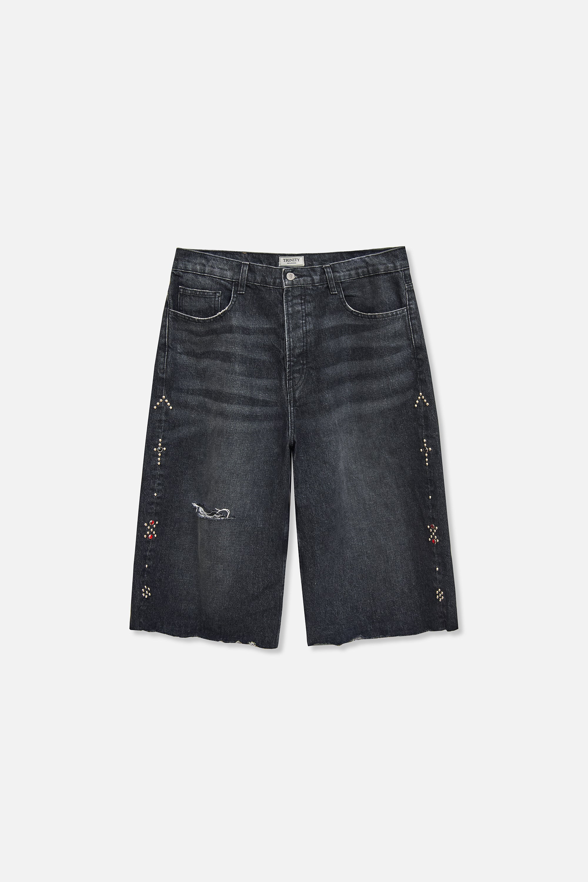 Prayer Studded Baggy Denim Short - Black – TRINITY