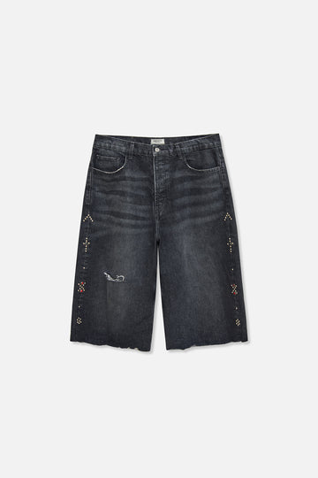 Prayer Studded Baggy Denim Short - Black