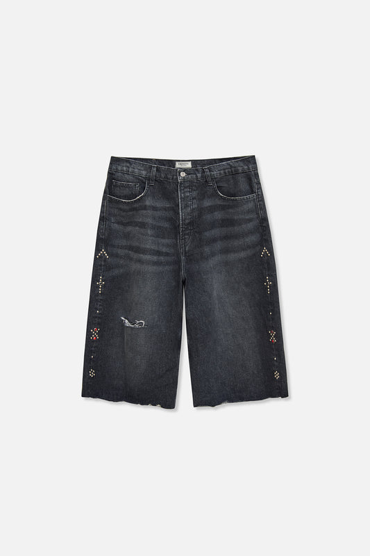 Prayer Studded Baggy Denim Short - Black