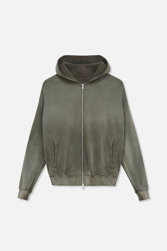 Waffle Zip Hoodie - Army Green