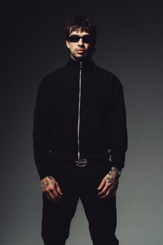 Waffle Zip Up Track Jacket - Black