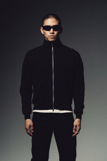 Waffle Zip Up Track Jacket - Black
